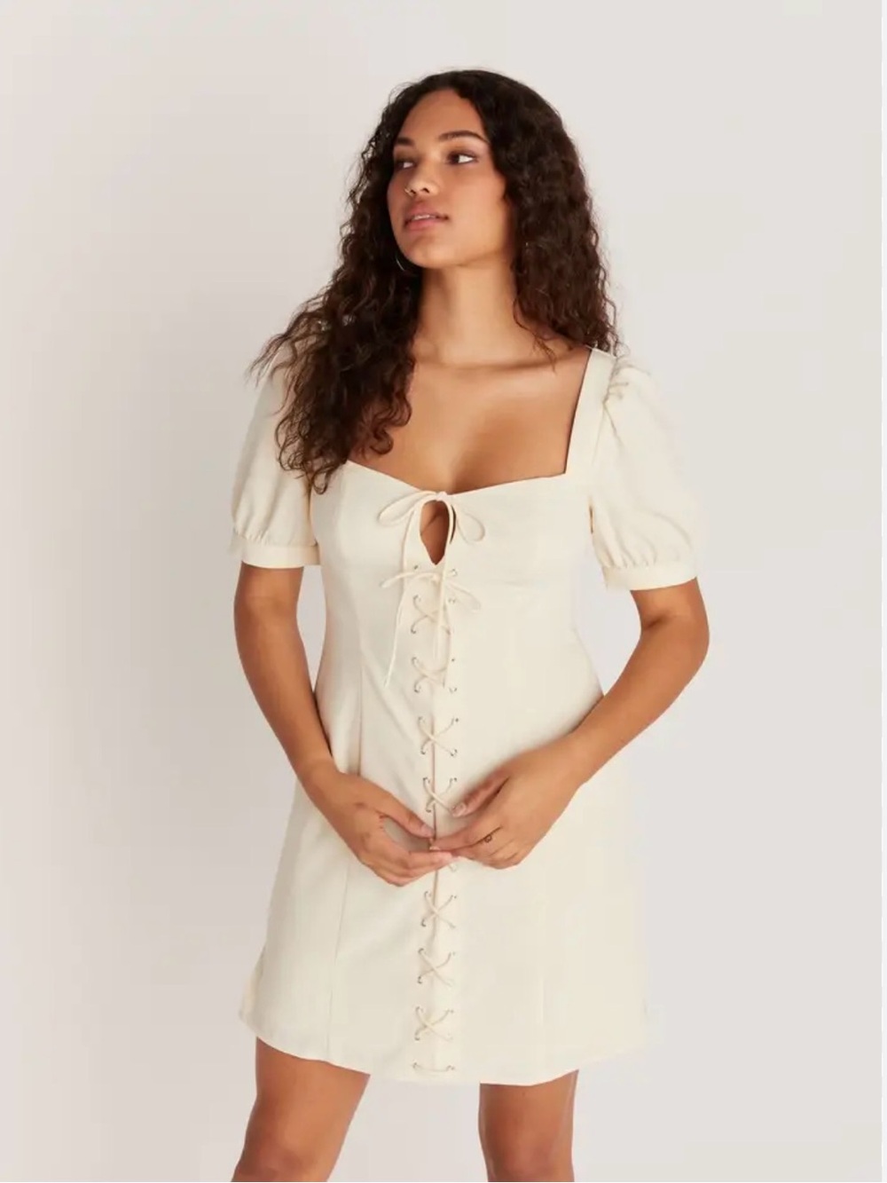 Backyard Roses Ivory Lace-Up Mini Dress Size M – Puff Sleeve – Excellent Used